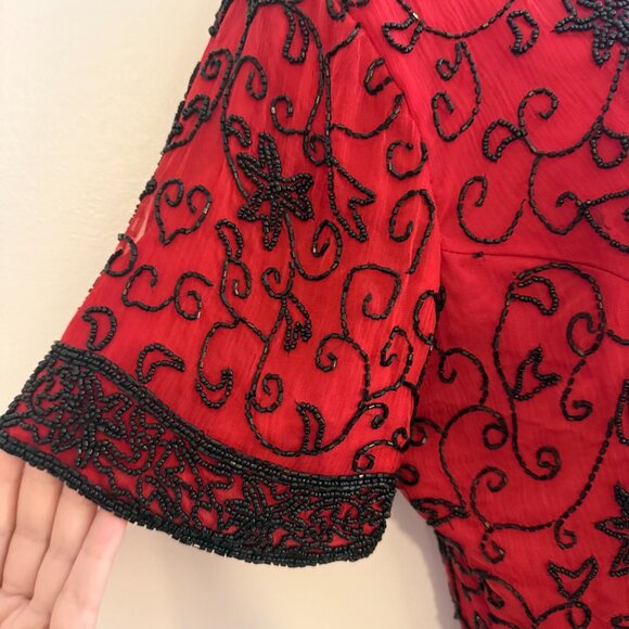 Vintage Stenay Red Silk Beaded Top | L | Holiday Party & Cocktail Blouse - Picture 6 of 13